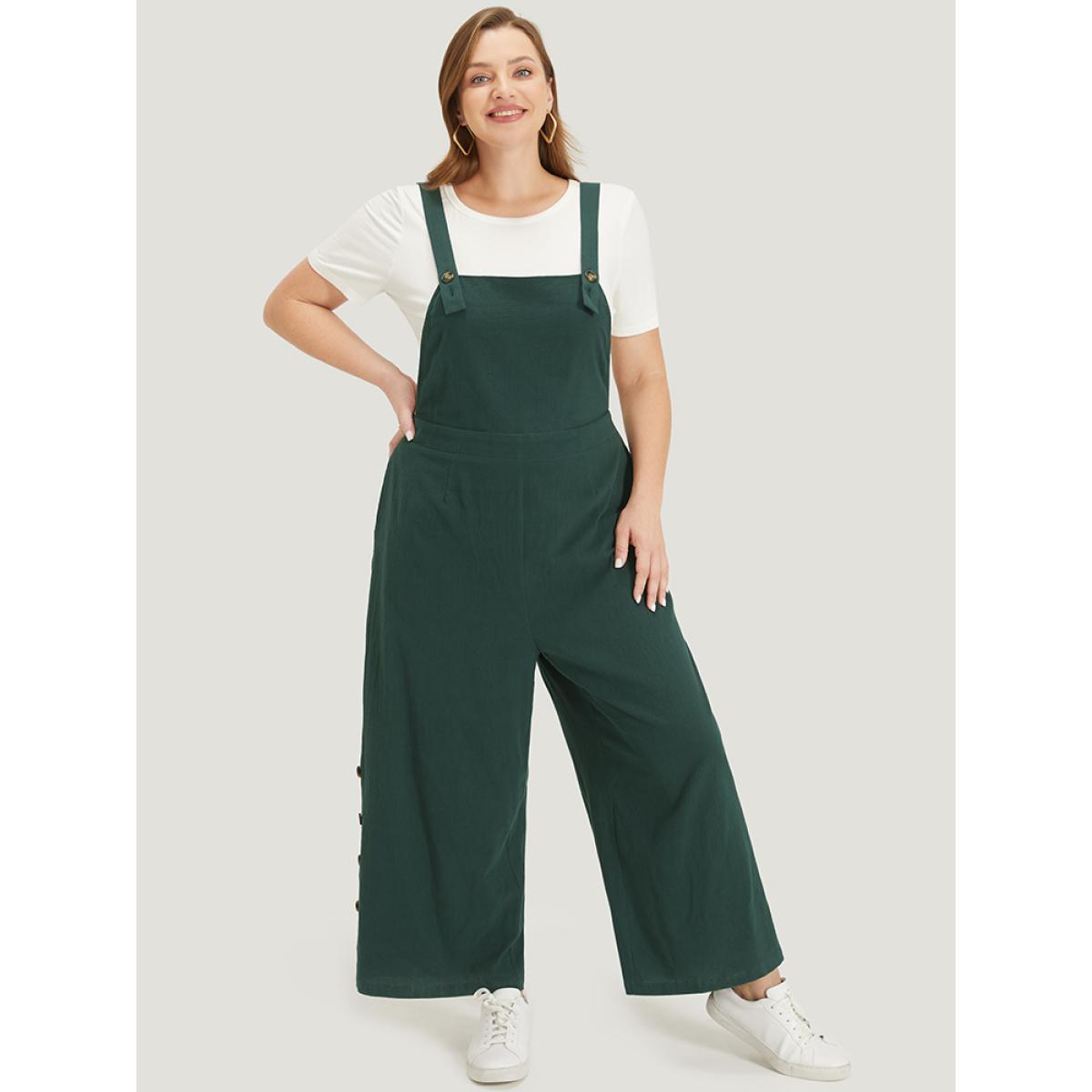 Plus Size Cyan Solid Button Detail Pocket Adjustable Straps Cami Jumpsuit Women Casual Sleeveless Square Neck Dailywear Loose Jumpsuits BloomChic 26/4X Product Image