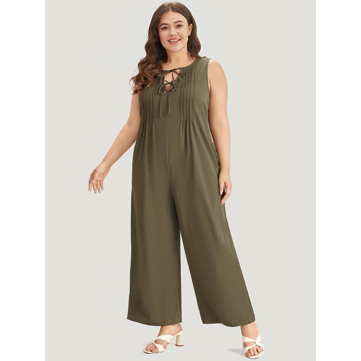 Plus Size Olive Plain Knot Neck Pocket Plicated Detail Tank Jumpsuit Women Casual Sleeveless Tie Neck Dailywear Loose Jumpsuits BloomChic 22-24/3X Product Image