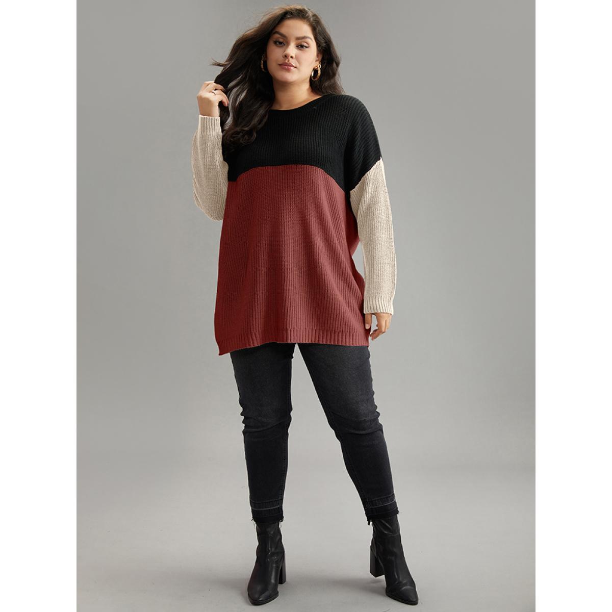 Plus Size Colorblock Contrast Crew Neck Pullover Rust Women Casual Loose Long Sleeve Round Neck Dailywear Pullovers BloomChic 14-16/1X Product Image