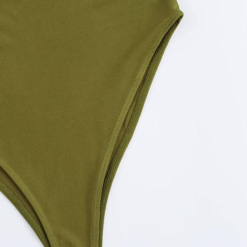 Long Sleeve Cowl Neck Plain Ruched Bodysuit Top Product Image
