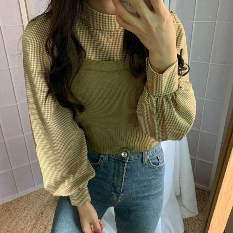 Set: Plaid Blouse + Knit Camisole Product Image