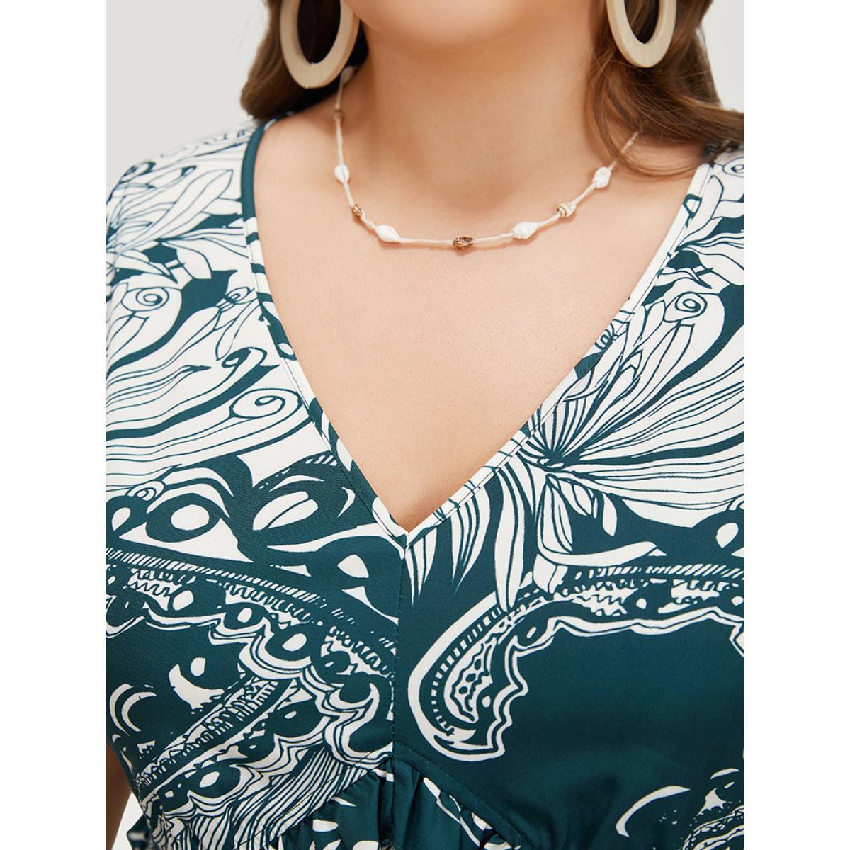 Plus Size Floral Print Sleeveless Pocket V Neck Frill Trim Dress DarkBlue Women Elegant Ruffles V-neck Sleeveless Curvy Midi Dress BloomChic 14-16/1X Product Image