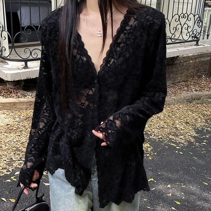Long-Sleeve V-Neck Lace Button-Up Top Product Image
