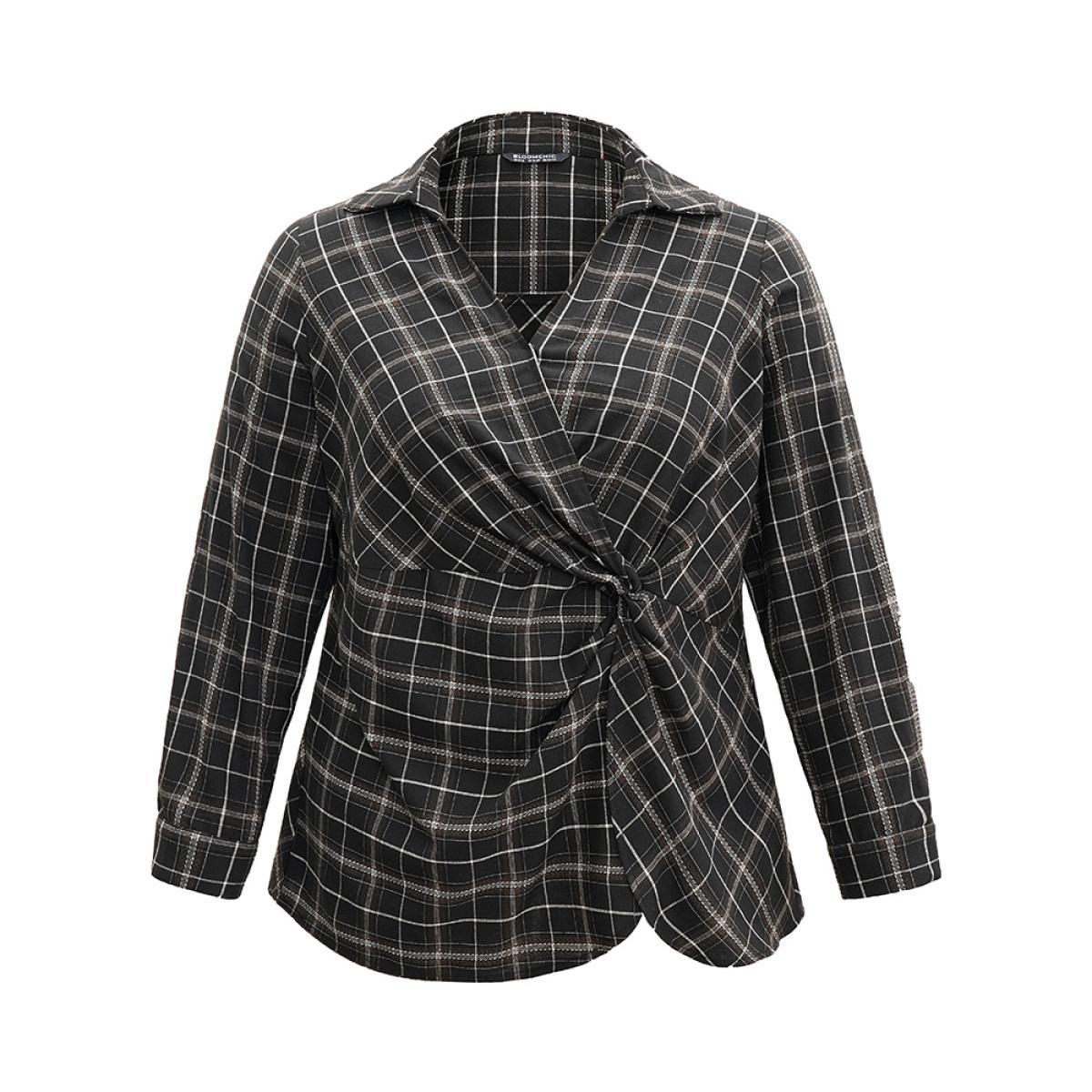 Plus Size Black Plaid Shirt Collar Twist Front Blouse Women Office Long Sleeve Shirt collar Work Blouses BloomChic 10/M Product Image