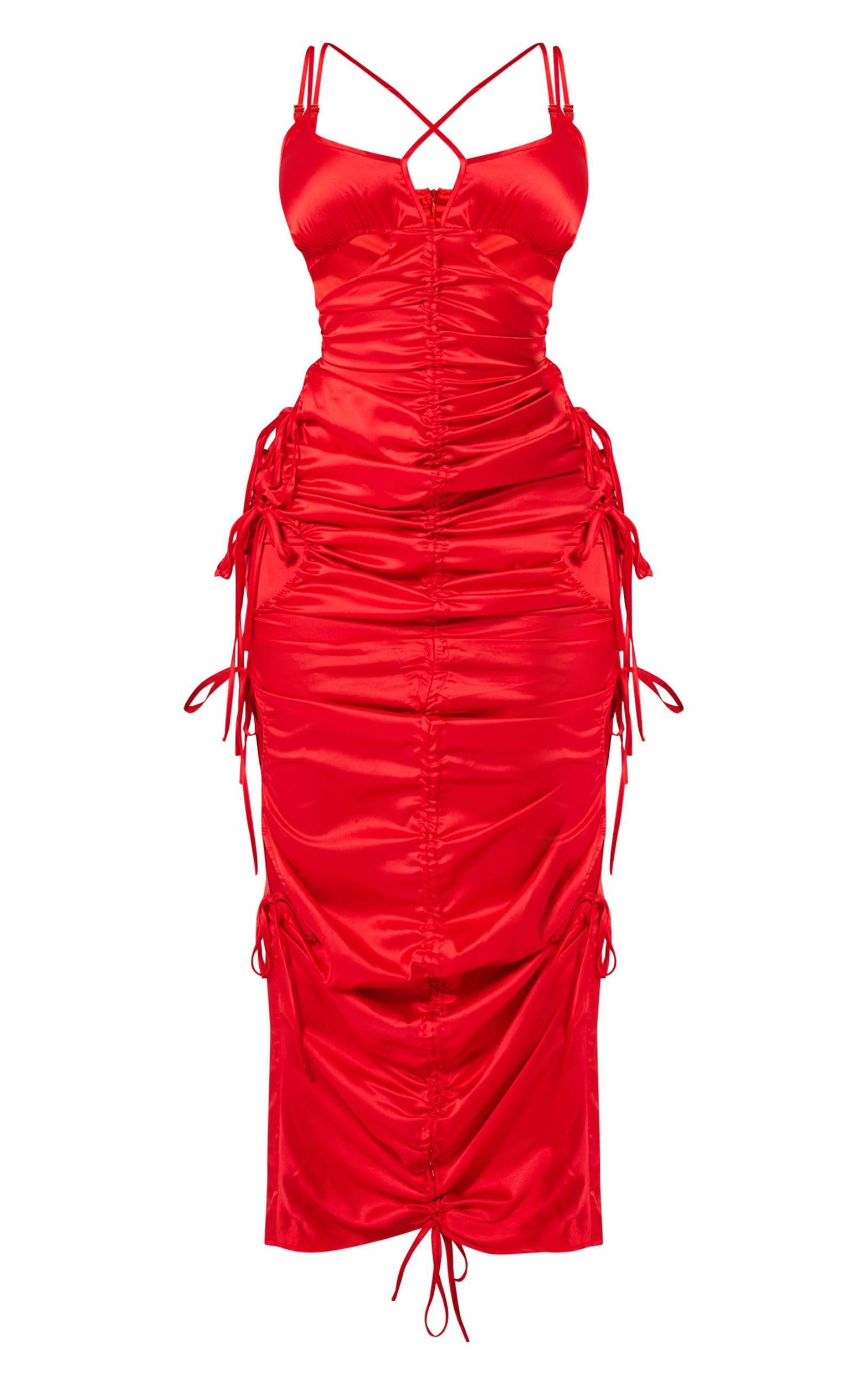 Shape Red Satin Ruched Strappy Detail Maxi Dress Product Image