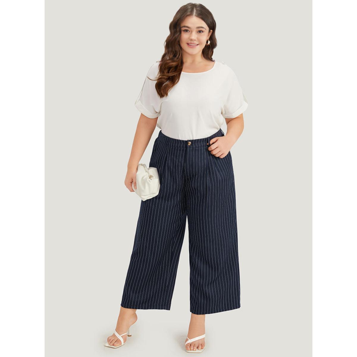 Plus Size Striped Pocket Loose Pleated Button Fly Pants Women Indigo At the Office Straight Leg High Rise Work Pants BloomChic 14-16/1X Product Image