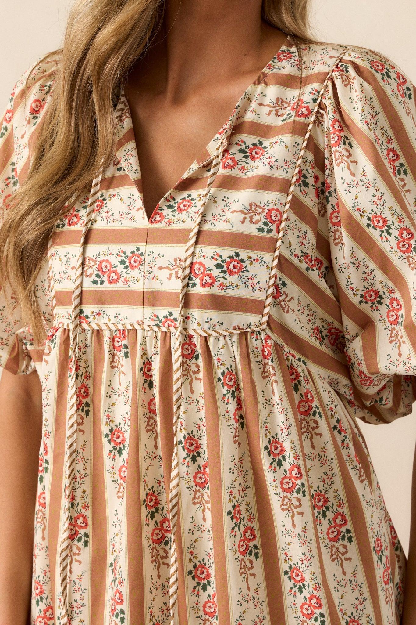Cool Traces 100% Cotton Camel Puff Sleeve Midi Dress Product Image