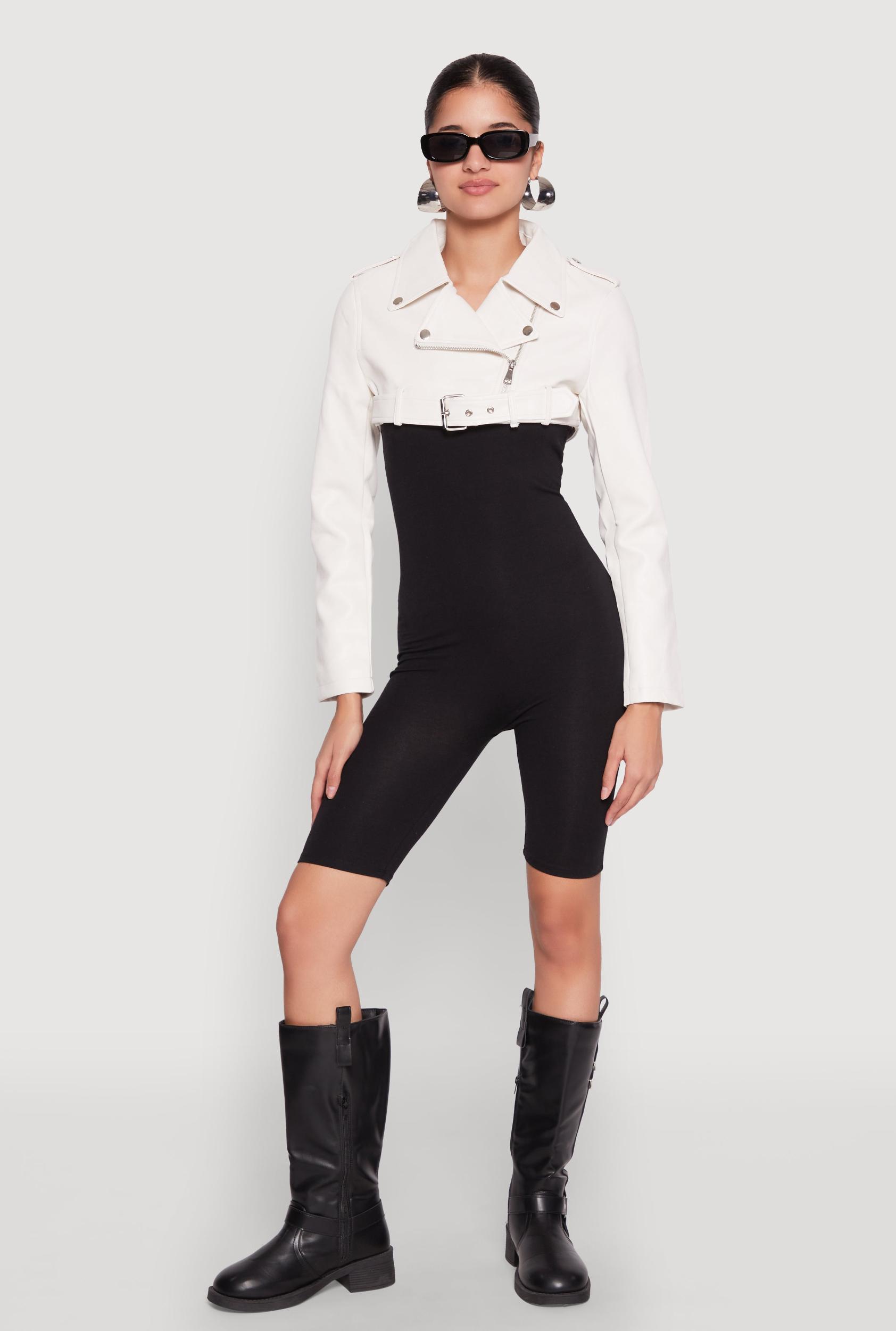 Womens Daisy Faux Leather Belted Front Cropped Moto Jacket Product Image