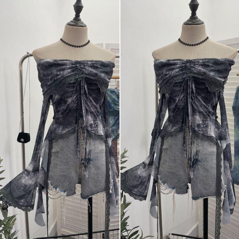 Long-Sleeve Off-Shoulder Ruffle Tie Dye Lace Trim Crop Top Product Image