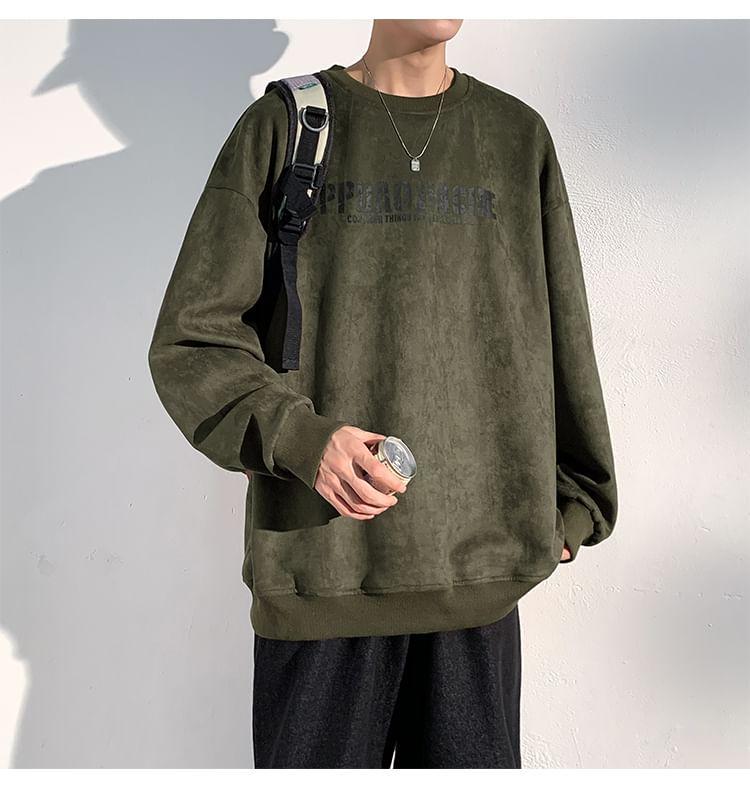Crew Neck Lettering Print Faux Suede Sweatshirt Product Image