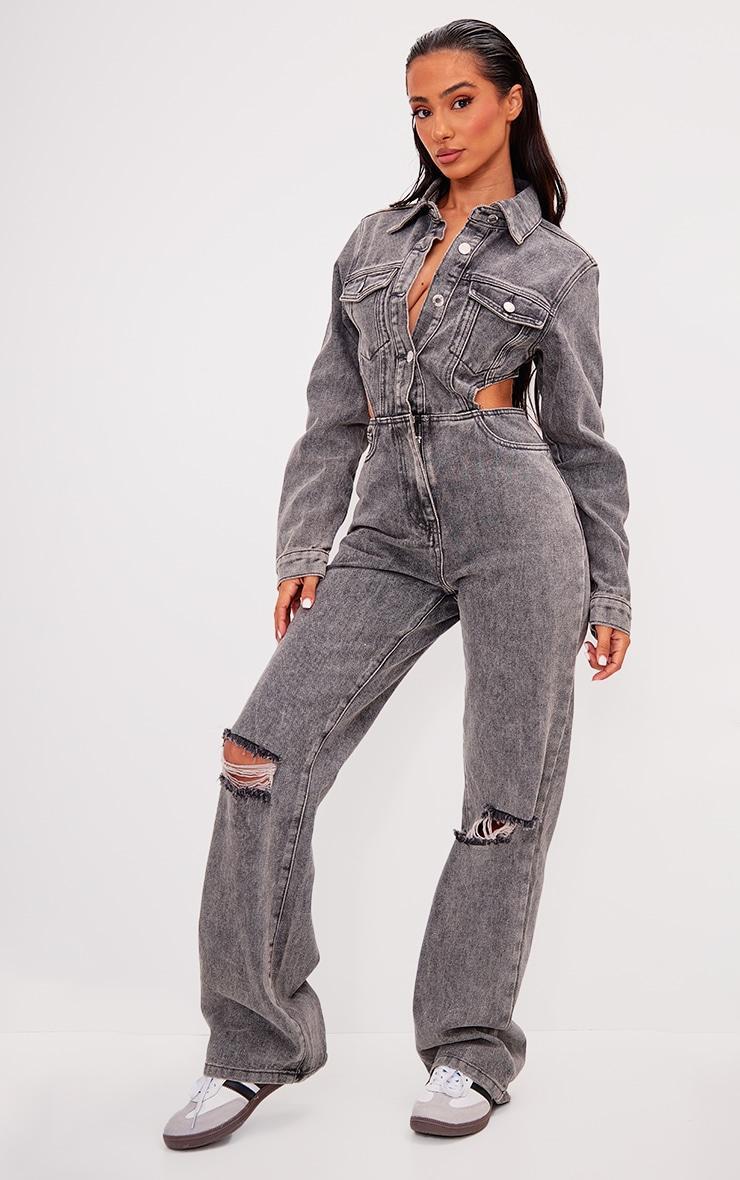 Petite Washed Grey Denim Ripped Knee Jumpsuit Product Image