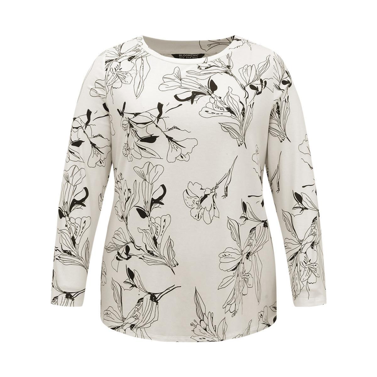 Plus Size Crew Neck Silhouette Floral Print Basic T-shirt White Women Elegant Printed Floral Round Neck Dailywear T-shirts BloomChic 22-24/3X Product Image