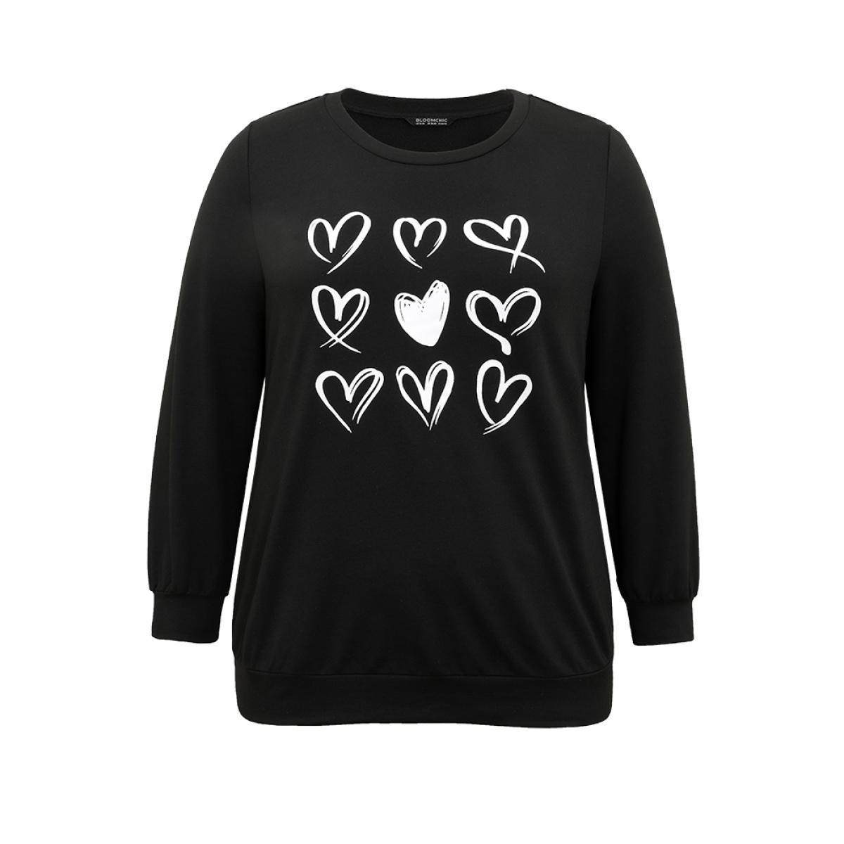 Plus Size Heart Print Round Neck Sweatshirt Women Black Casual Printed Dailywear Sweatshirts BloomChic 22-24/3X Product Image