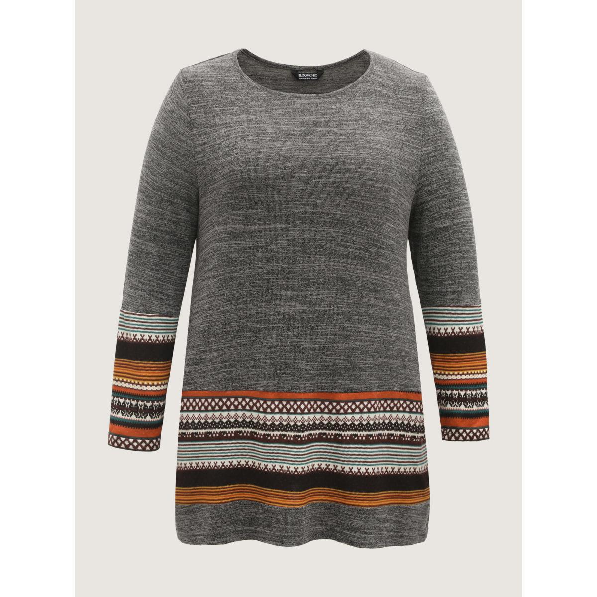 Plus Size Tunic Boho Print Pocket T-shirt DimGray Women Casual Contrast Round Neck Loose Everyday T-shirts BloomChic 22-24/3X Product Image