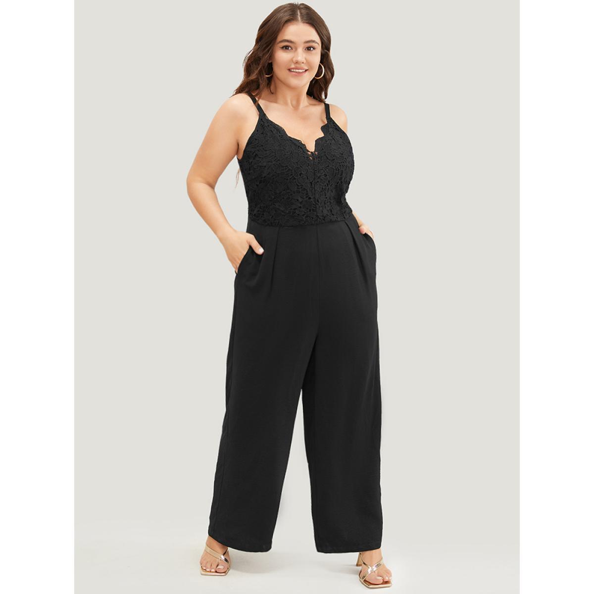 Plus Size Black Lace Patchwork Scalloped Trim Plicated Detail Pocket Cami Jumpsuit Women Elegant Sleeveless Spaghetti Strap Dailywear Loose Jumpsuits BloomChic 10/M Product Image