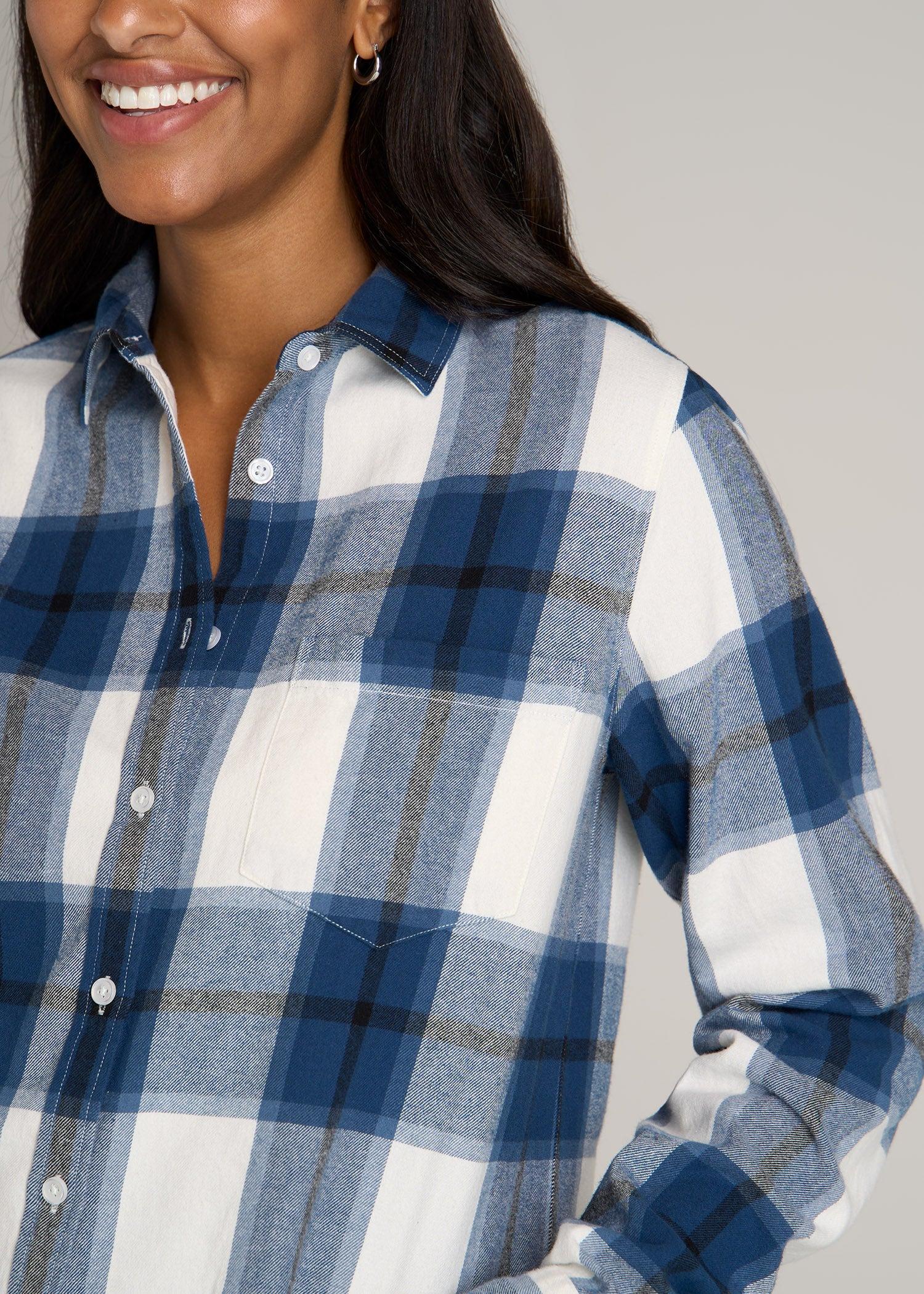 Flannel Button-Up Shirt for Tall Women in Ocean Blue and White Product Image