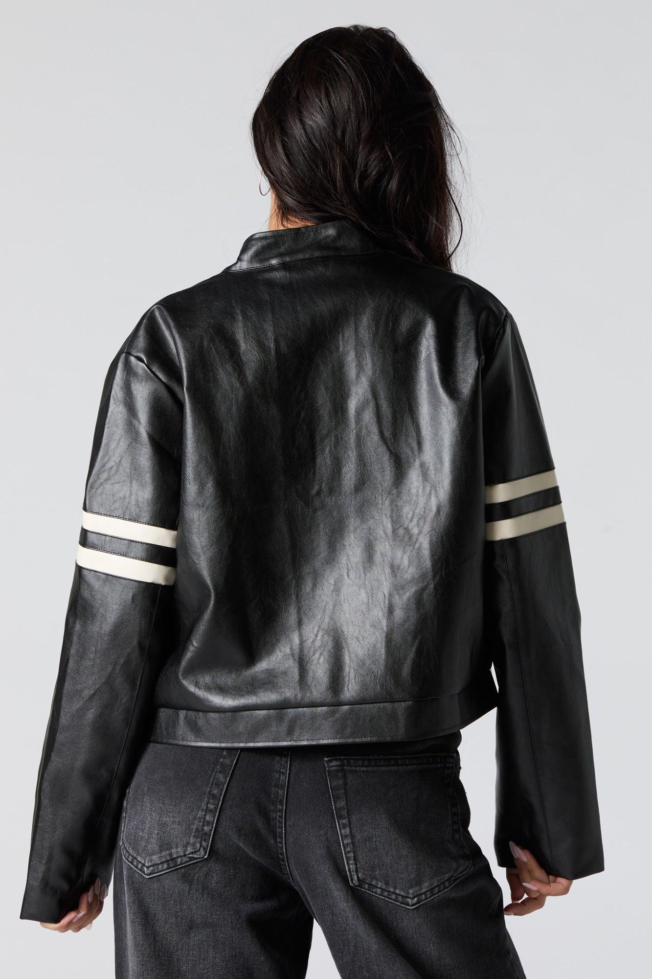 Faux Leather Contrast Striped Moto Jacket Female Product Image