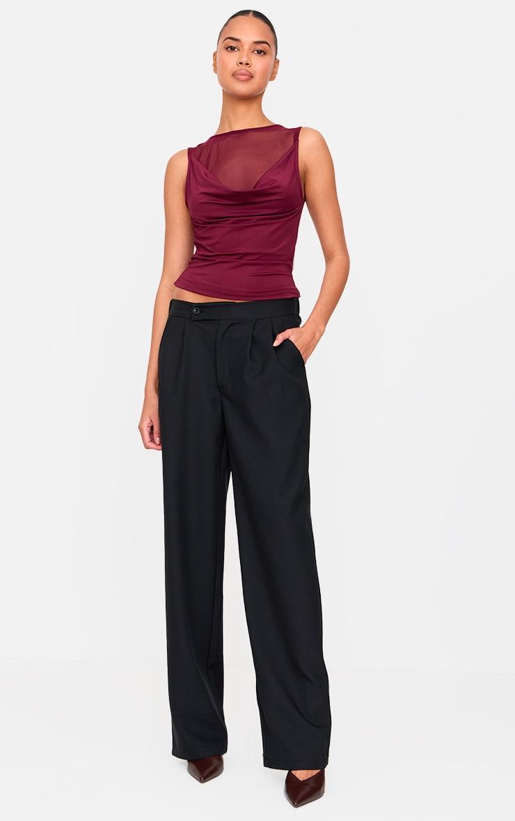 Burgundy Mesh Panel Cowl Slinky Top Product Image