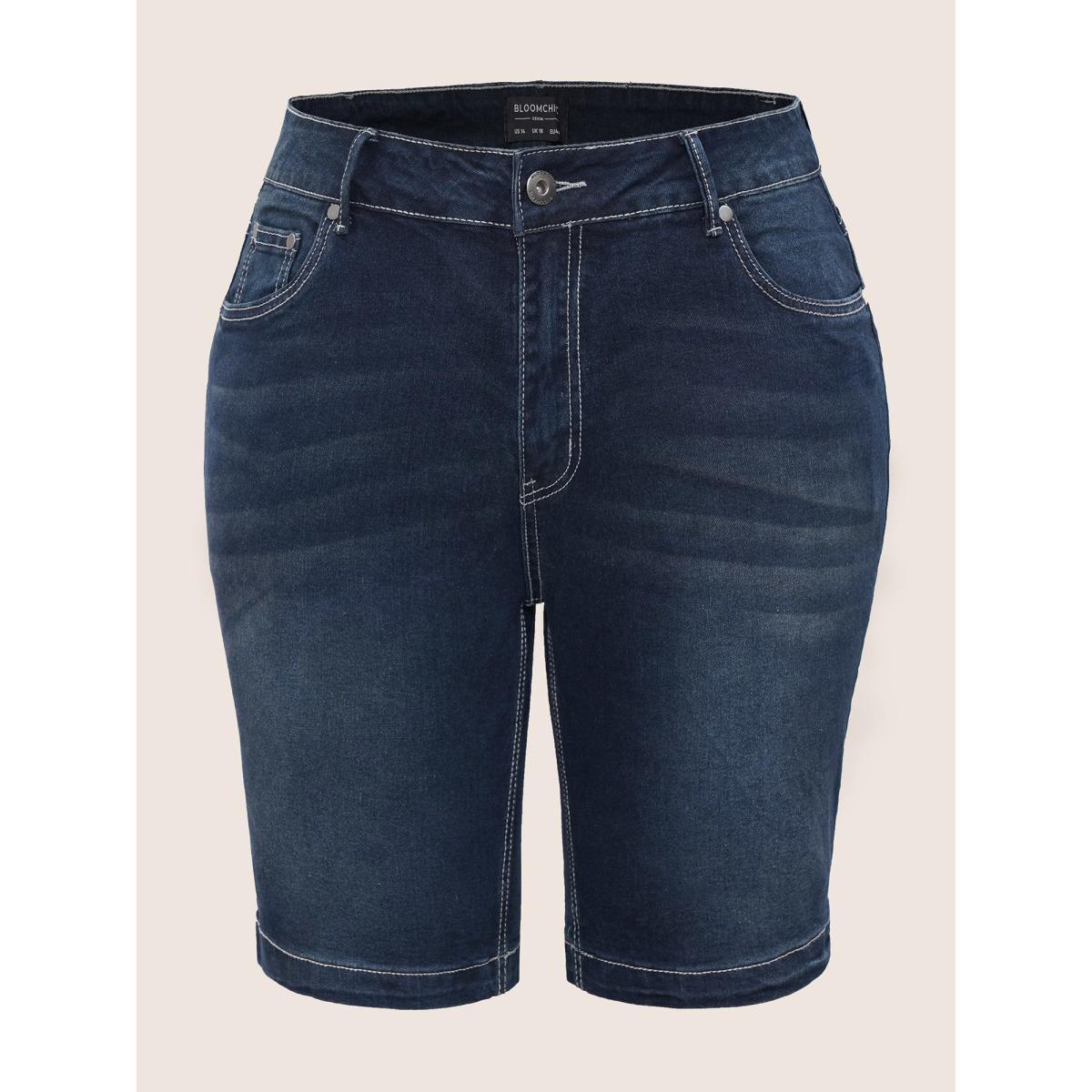 Plus Size Very Stretchy High Rise Dark Wash Denim Shorts Women DarkBlue Casual Plain High stretch Slanted pocket Jeans BloomChic 16/1X Product Image