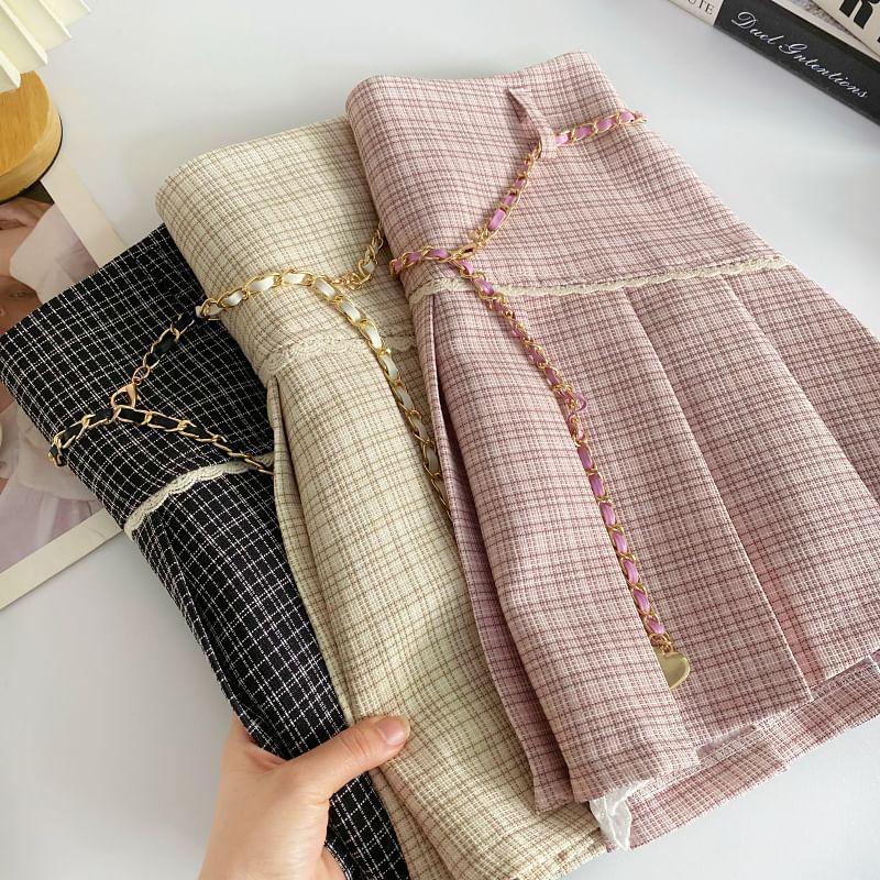 High Rise Plaid Lace Trim Pleated Mini A-Line Skirt Product Image