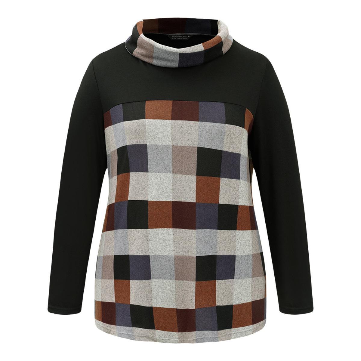 Plus Size Plaid Patchwork Contrast Cowl Neck T-shirt Black Women Casual Contrast Plaid Cowl Neck Dailywear T-shirts BloomChic 22-24/3X Product Image