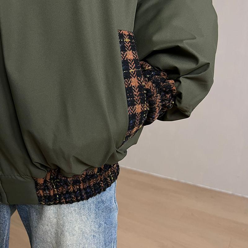 Plaid Panel Zip-Up Bomber Jacket Product Image