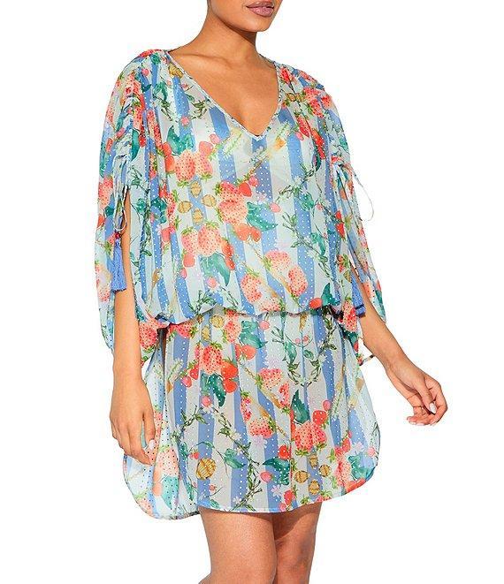 Kurt Geiger London Kensington Striped Strawberry Chiffon V-Neck Tunic Swim Cover-Up Product Image
