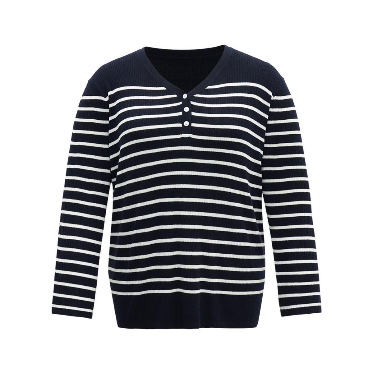 Plus Size Supersoft Essentials Striped Button Through Pullover Midnight Women Casual Loose Long Sleeve V-neck Dailywear Pullovers BloomChic 30/6X Product Image