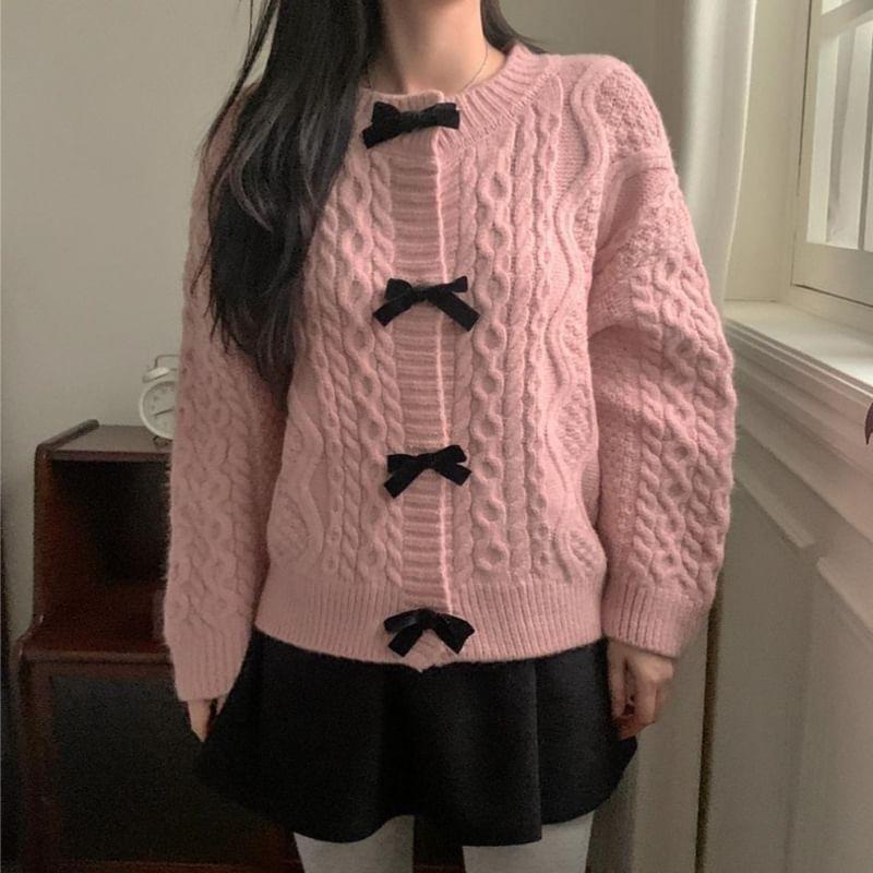 Long Sleeve Bow Accent Cable-Knit Loose-Fit Cardigan Product Image