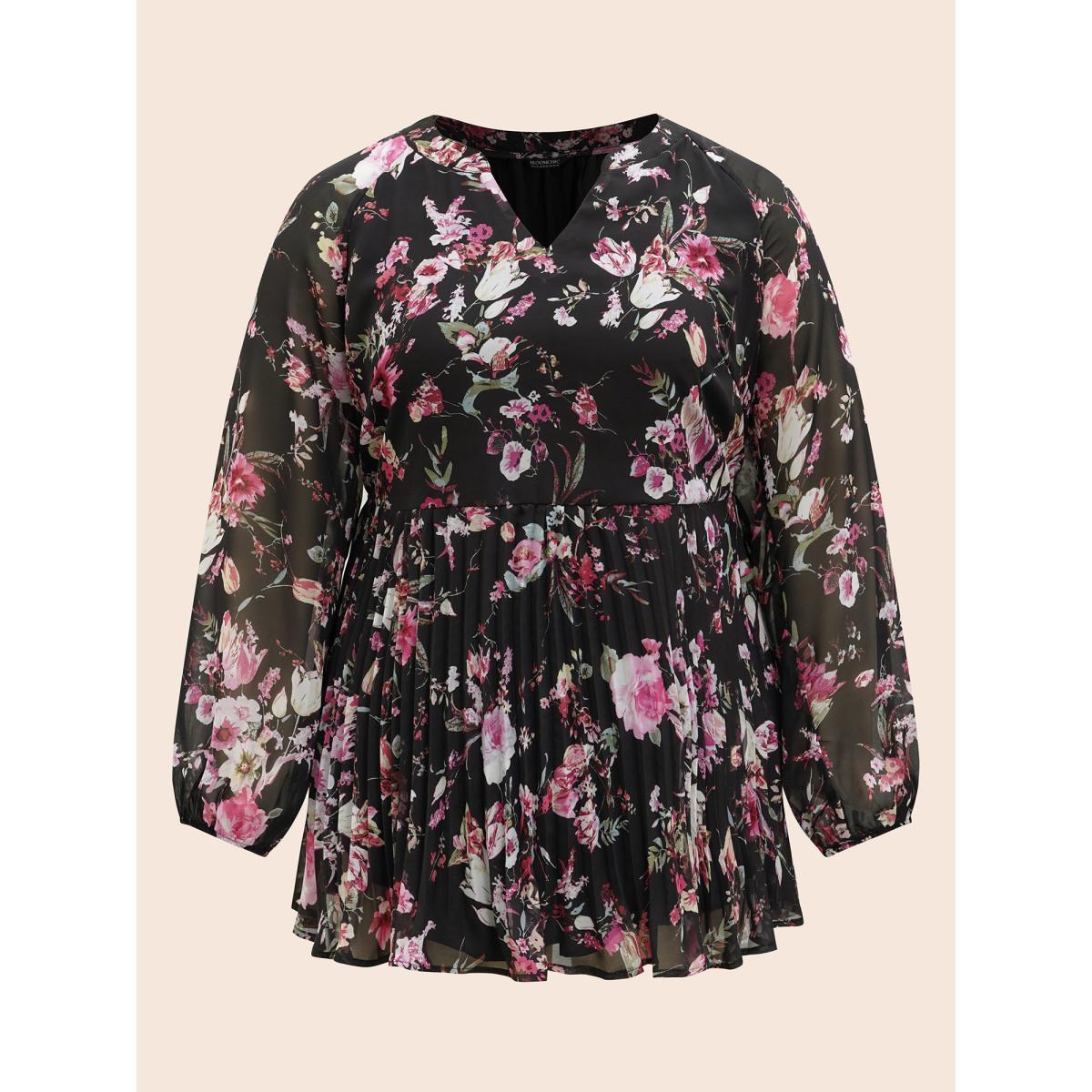 Plus Size Black Chiffon Floral Pleated Pocket Blouse Women Elegant Long Sleeve Flat collar with V-notch Everyday Blouses BloomChic 22-24/3X Product Image