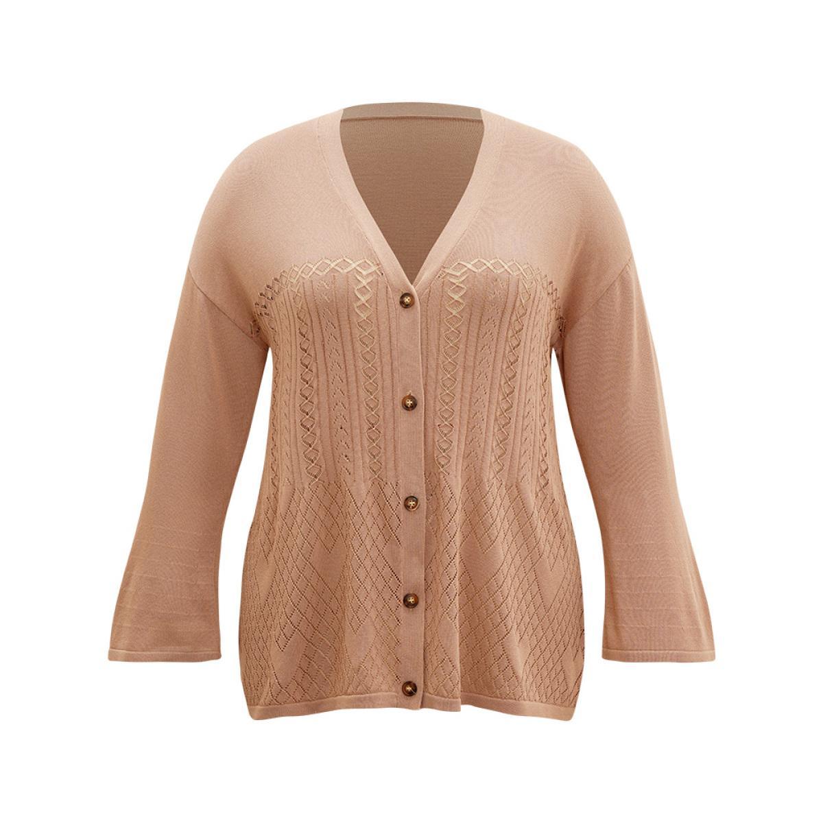 Plus Size Geometric Hollow Out Button Up Cardigan Tan Women Casual Loose Long Sleeve Everyday Cardigans BloomChic 30/6X Product Image