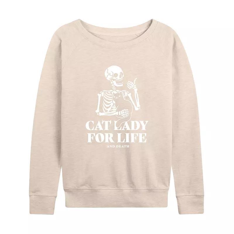 Womens Cat Lady For Life Skeleton French Terry Long Sleeve Tee Grey Blue Product Image