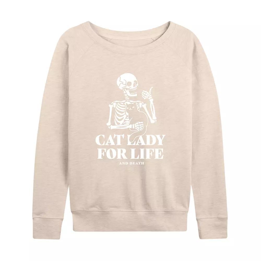 Womens Cat Lady For Life Skeleton French Terry Long Sleeve Tee Grey Blue Product Image