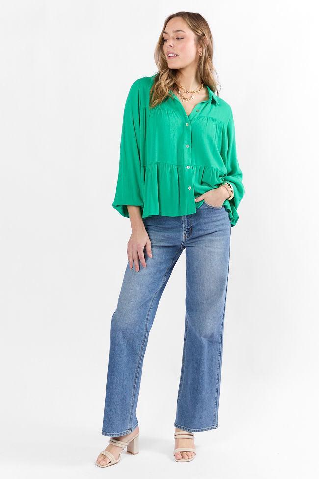 Something Good Green Tiered Relaxed Button Down Blouse SALE Product Image