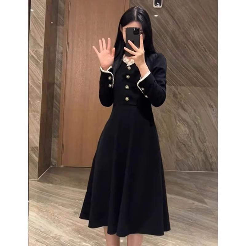 Long-Sleeve V-Neck Half Buttoned Midi A-Line Dress Product Image