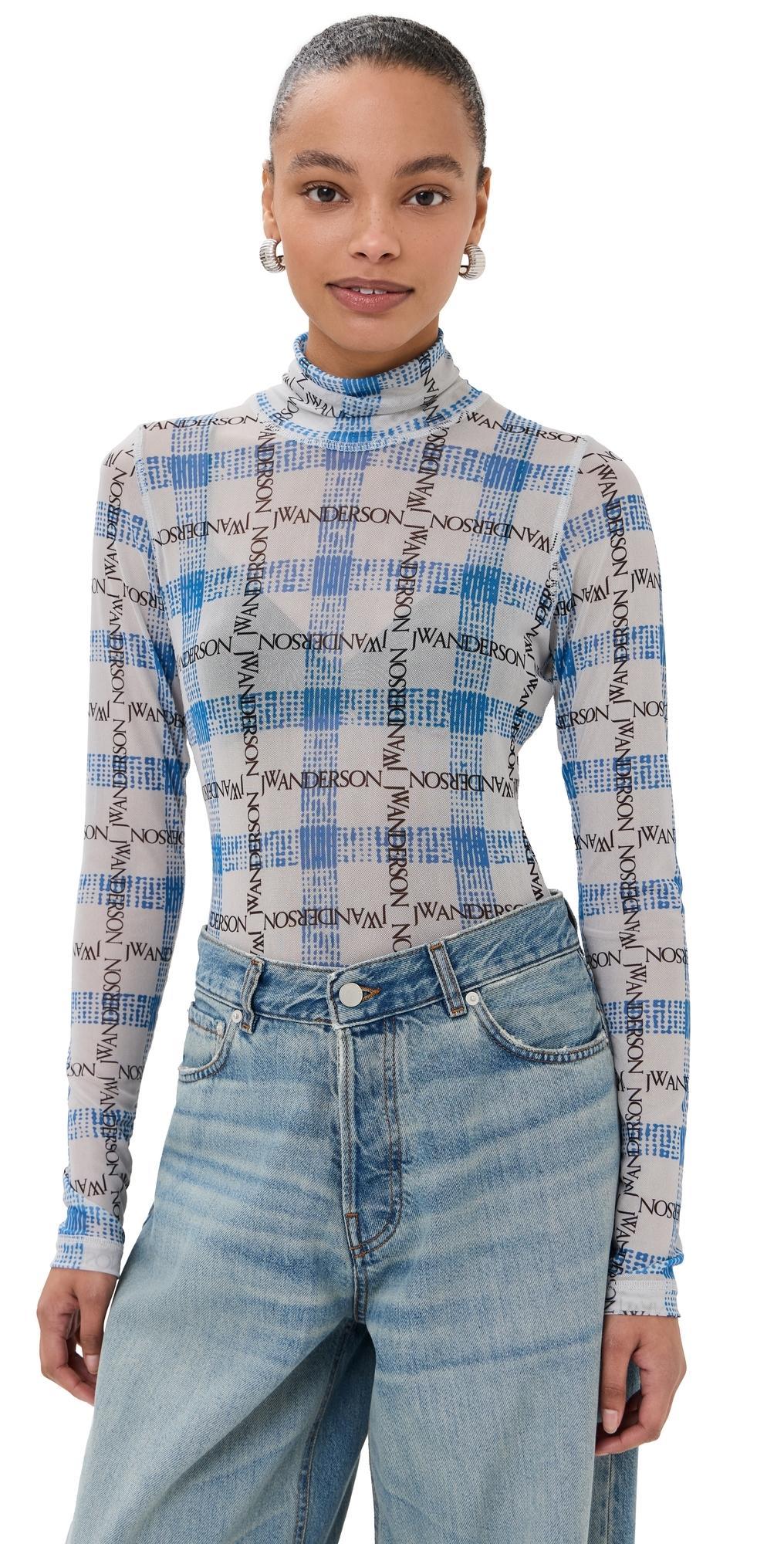 JW ANDERSON Logo Grid Check Printed Sheer Long Sleeved Top In Blue Product Image