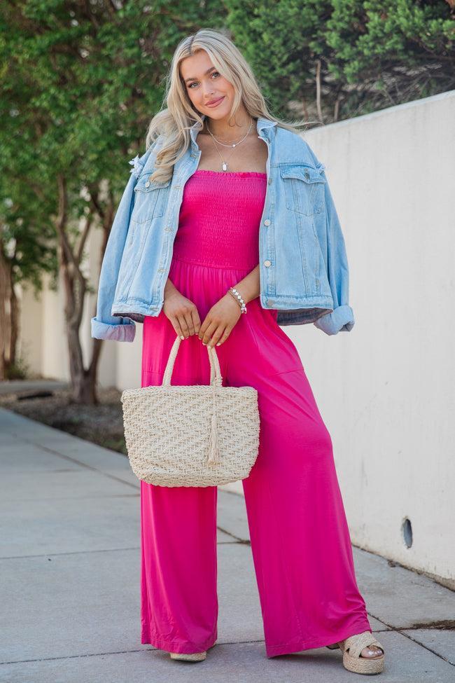 Walking In Paradise Hot Pink Smocked Top Woven Jumpsuit Product Image