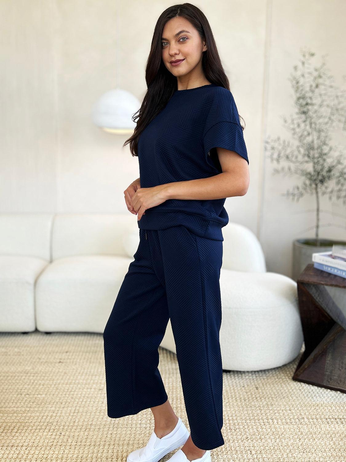 Double Take Full Size Texture Short Sleeve Top and Pants Set Product Image