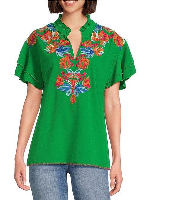 Calessa Embroidered Ruffle Double Layer Short Sleeve Top Product Image