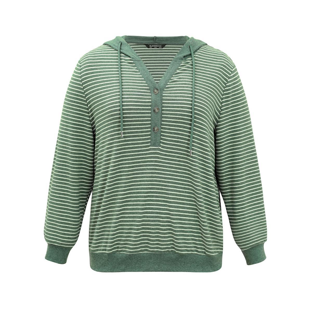 Plus Size Striped Hooded Drawstring Button Up Fluffy Sweatshirt Women Green Elegant Button Hooded Dailywear Sweatshirts BloomChic 22-24/3X Product Image