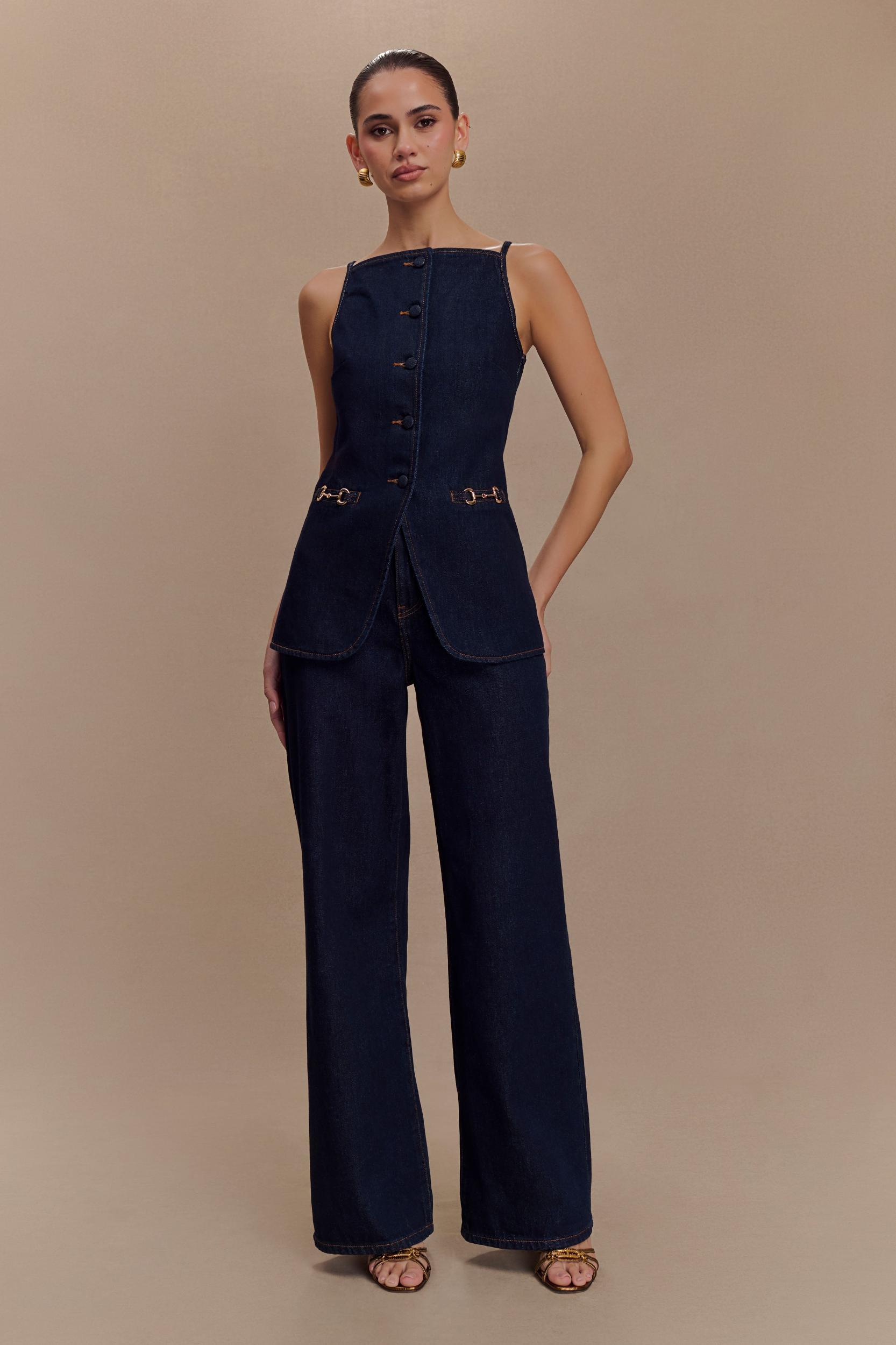 Ashton Sleeveless Button Denim Top - Indigo Blue Product Image