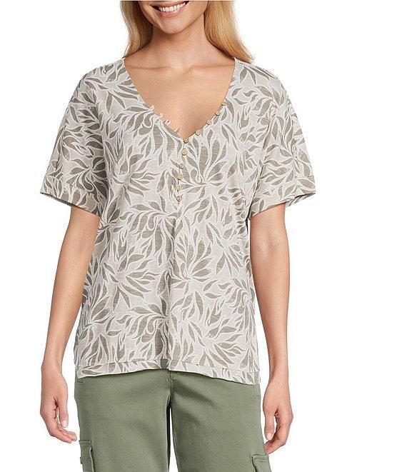 Intro Cotton Slub Jersey Abstract Leaf Print V-Neck Short Sleeve Tee Top Product Image