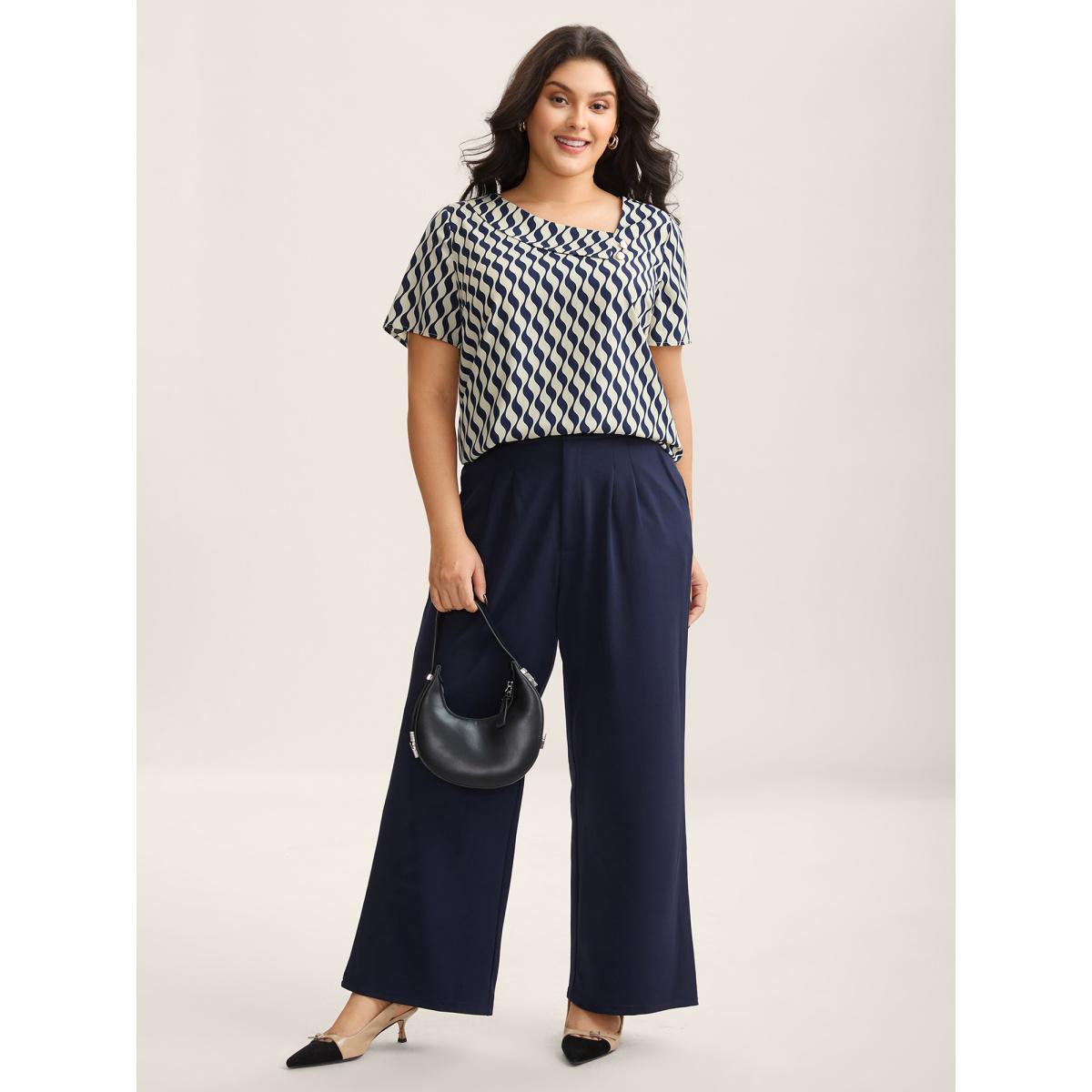 Plus Size Indigo Wavy Print Asymmetrical Neckline Blouse Women Short sleeve Asymmetrical Neck Work Blouses BloomChic 28/5X Product Image