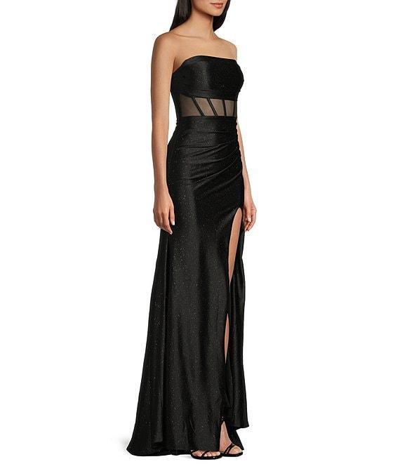 Honey and Rosie Glitter Knit Strapless Corset Front Slit Gown Product Image