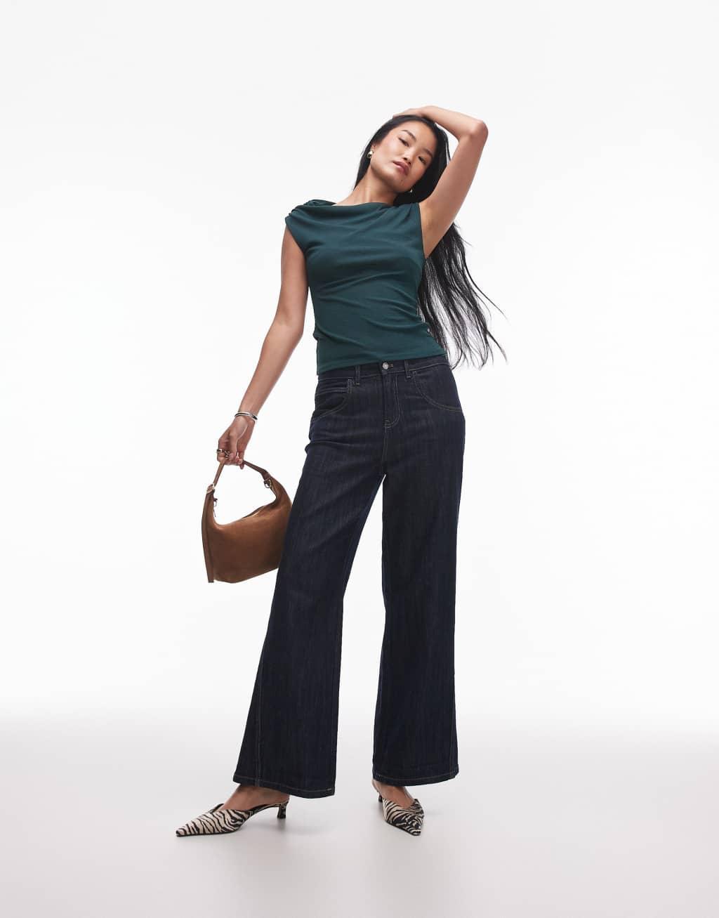 Topshop asymmetric knot shoulder top in dark green Product Image