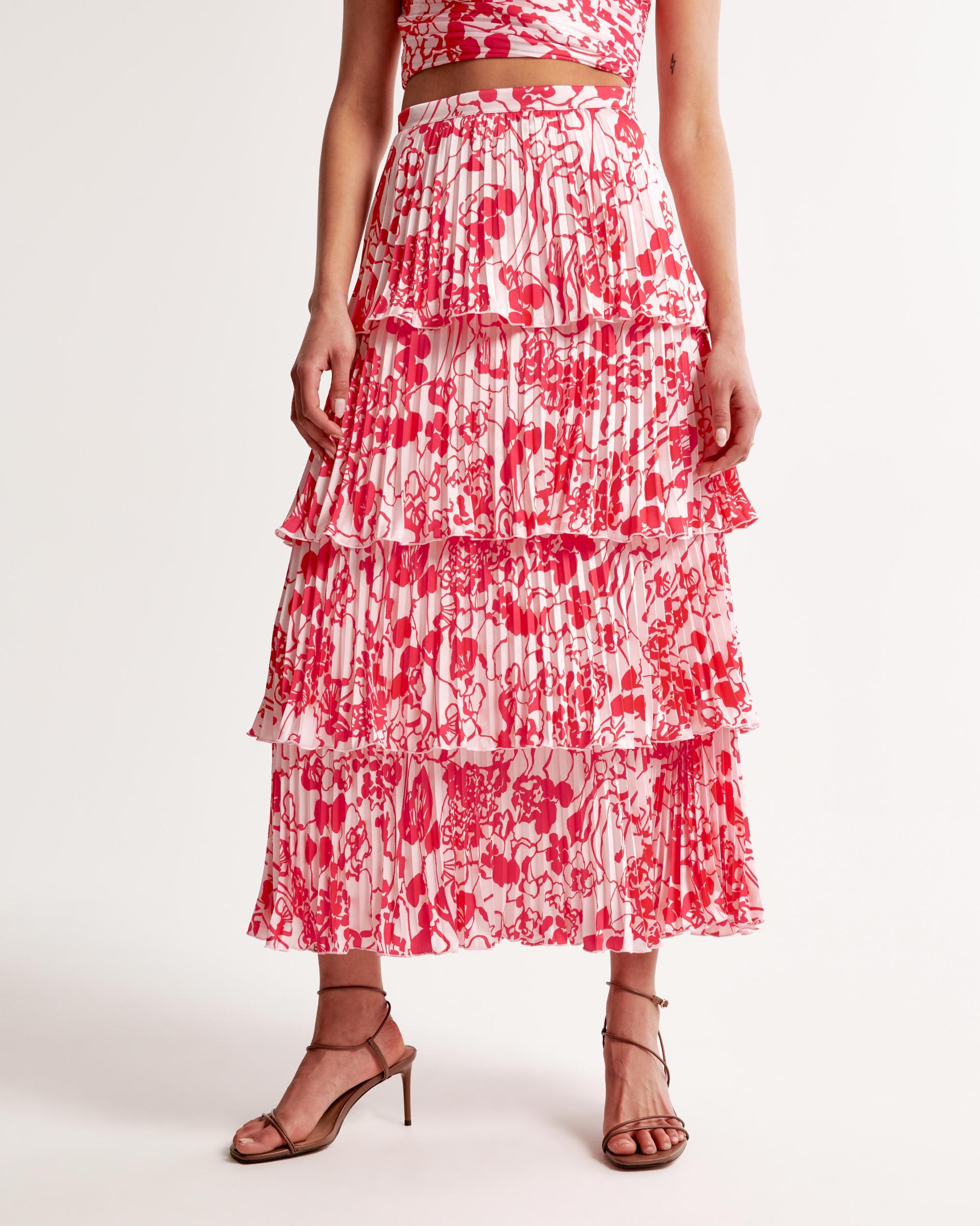 Tiered Pleated Satin Maxi Skirt Product Image