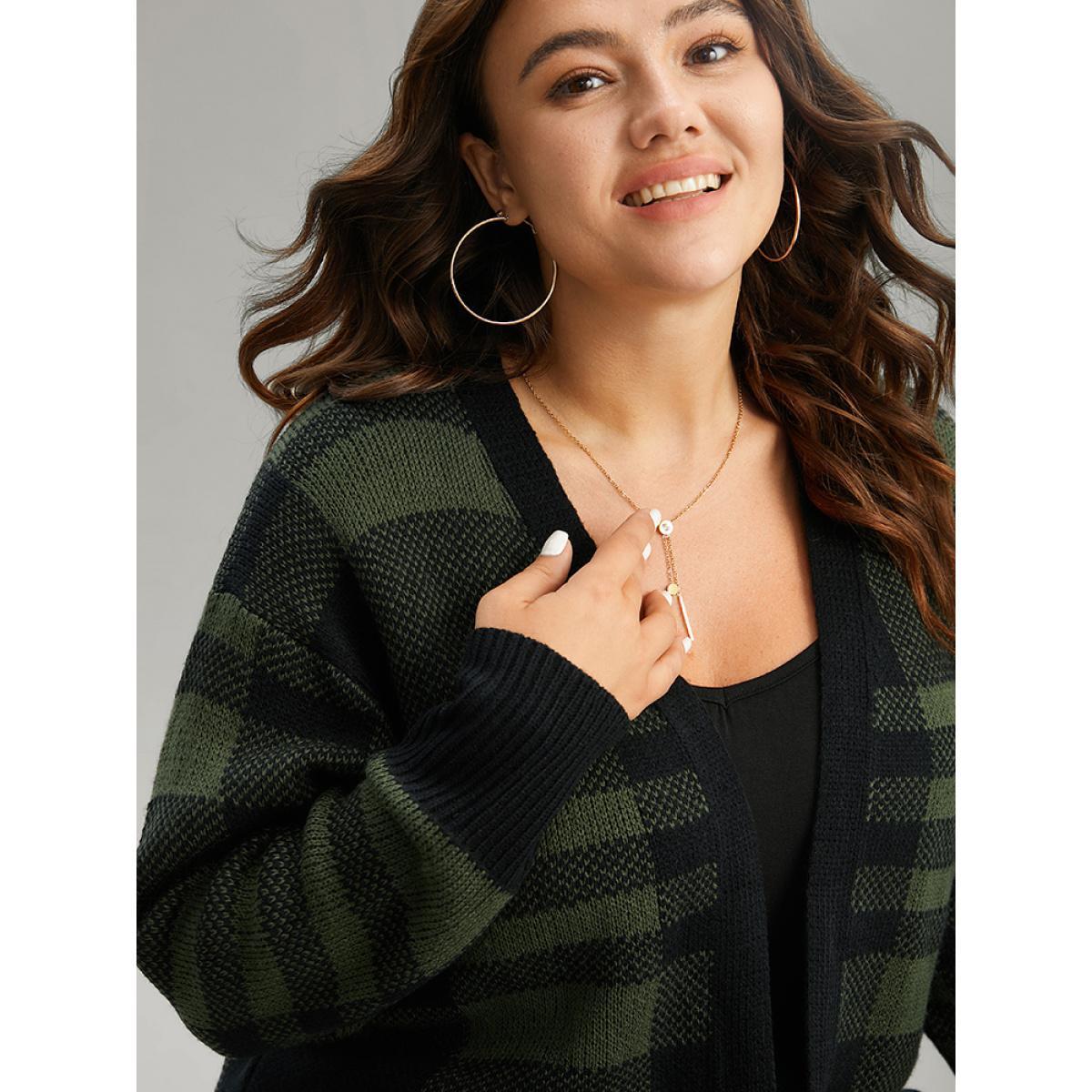 Plus Size Plaid Patchwork Split Side Open Front Cardigan DarkGreen Women Casual Loose Long Sleeve Festival-Christmas Cardigans BloomChic 12/L Product Image