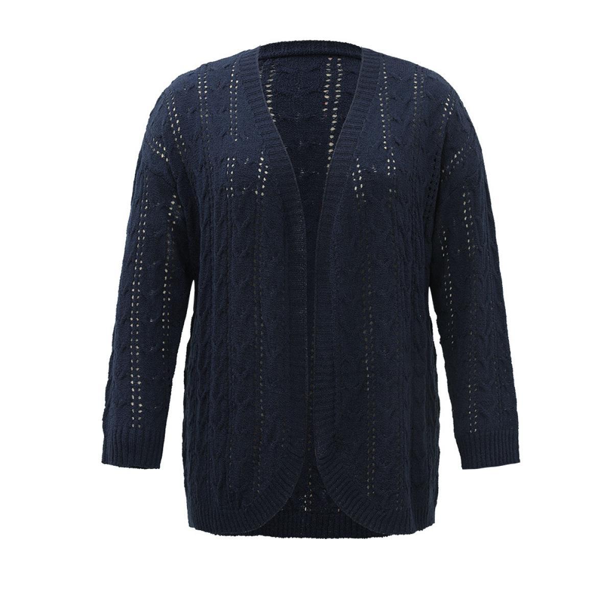 Plus Size Plain Eyelet Curved Hem Drop Shoulder Cardigan Indigo Women Casual Loose Long Sleeve Everyday Cardigans BloomChic 28/5X Product Image