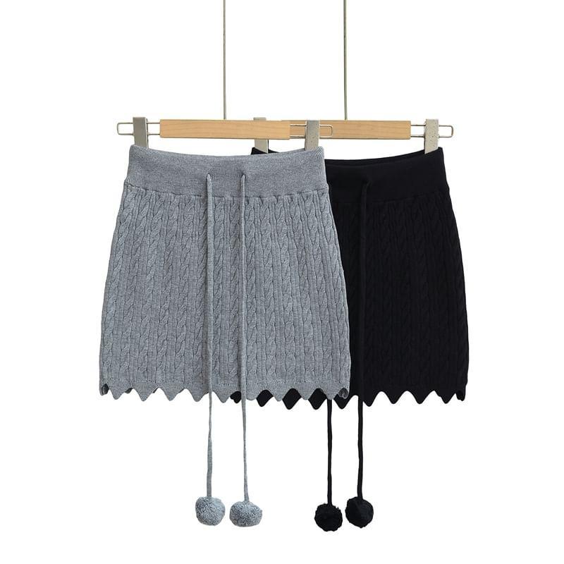 Drawstring Waist Plain Pom Pom Cable Knit Mini Pencil Skirt Product Image