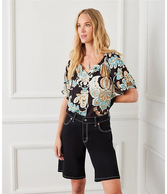 Floral Scoop Neck Short Puff Sleeve Button-Front Peasant Top Product Image